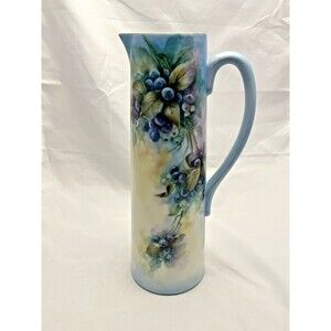 Vintage Hand Painted Pitcher, Signed by Ruth Widener, Blueberries 1992 EUC